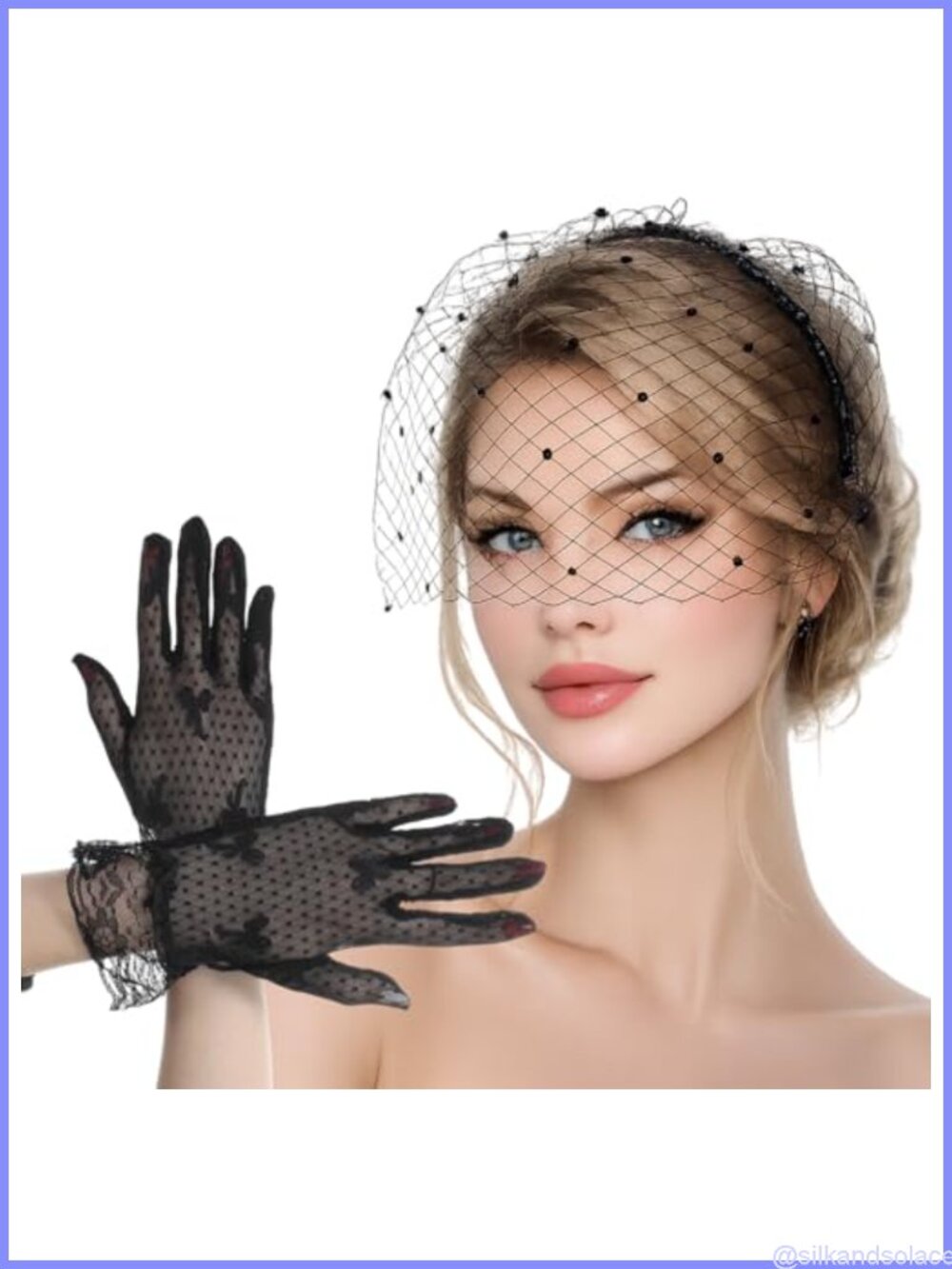 Birdcage Veil Headband & Lace Gloves Set 1920s Fascinator